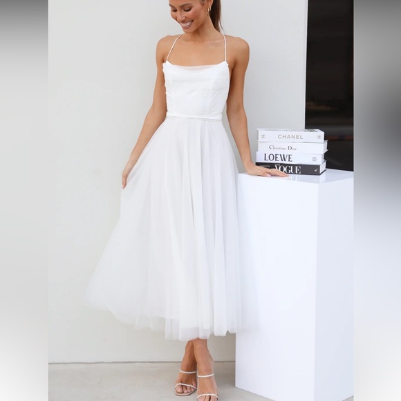 NWT Hello Molly Signal My Way Tulle Midi Dress White 8 / Large - Picture 3 of 11